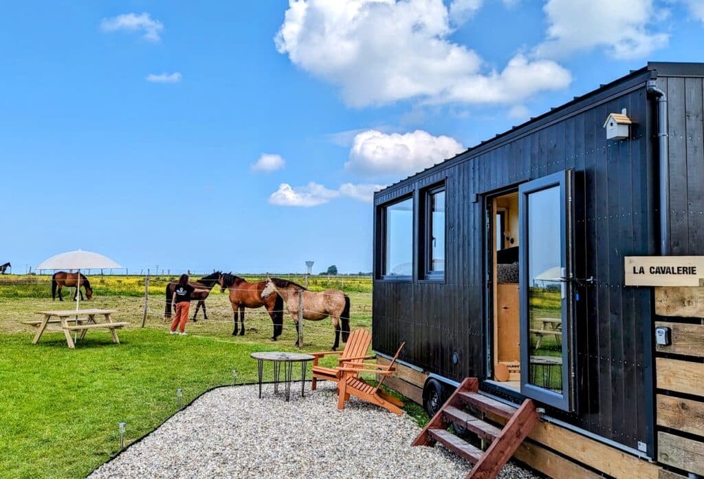 Tiny House La Cavalerie en Normandie soleil ciel bleu avec chevaux dans les prés et une femme qui les caresses